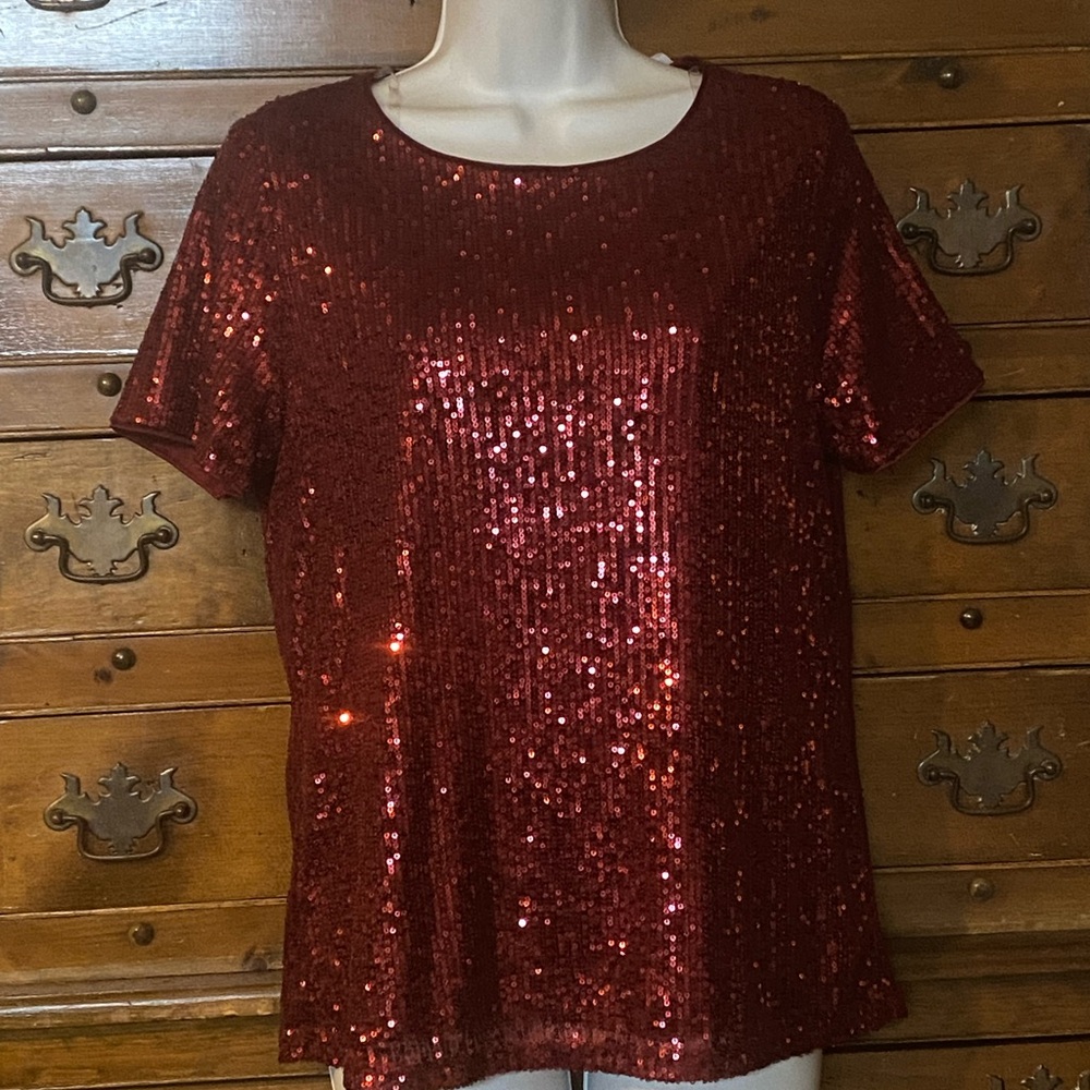 (A258)Garnet Red Sequin SS Top Glamour Fancy Lined Size S by 3rd + Matt NWTS